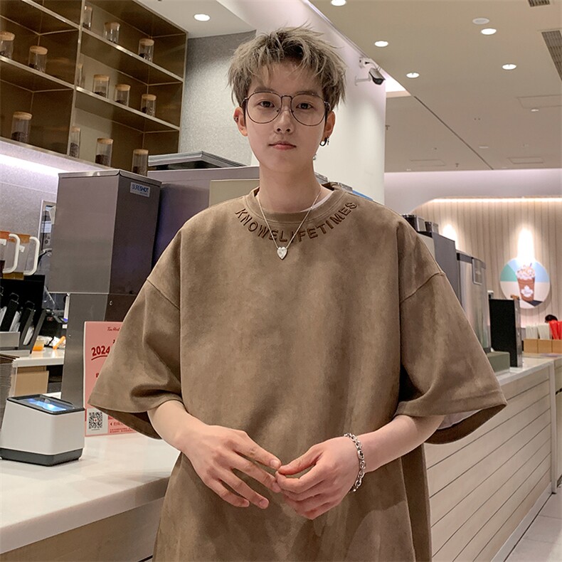 港风大码日系复古麂皮绒宽松套头圆领短袖T恤XZ213-T062-P35控48,男装T恤,星座213