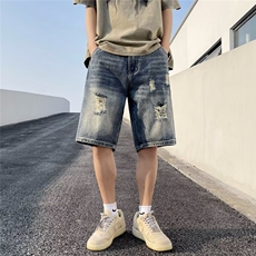 复古破洞毛边牛仔短裤男女夏季薄款宽松bf风阔腿水洗乞丐五分中裤，男装牛仔裤，星座601-2