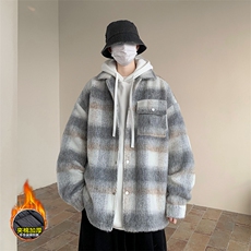 wassuphappy格子毛呢大衣男秋冬季潮流复古休闲呢料外套宽松上衣，男装毛呢大衣，电商D232