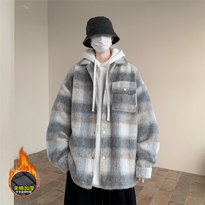 wassup happy格子毛呢大衣男秋冬季潮流复古休闲呢料外套宽松上衣图片
