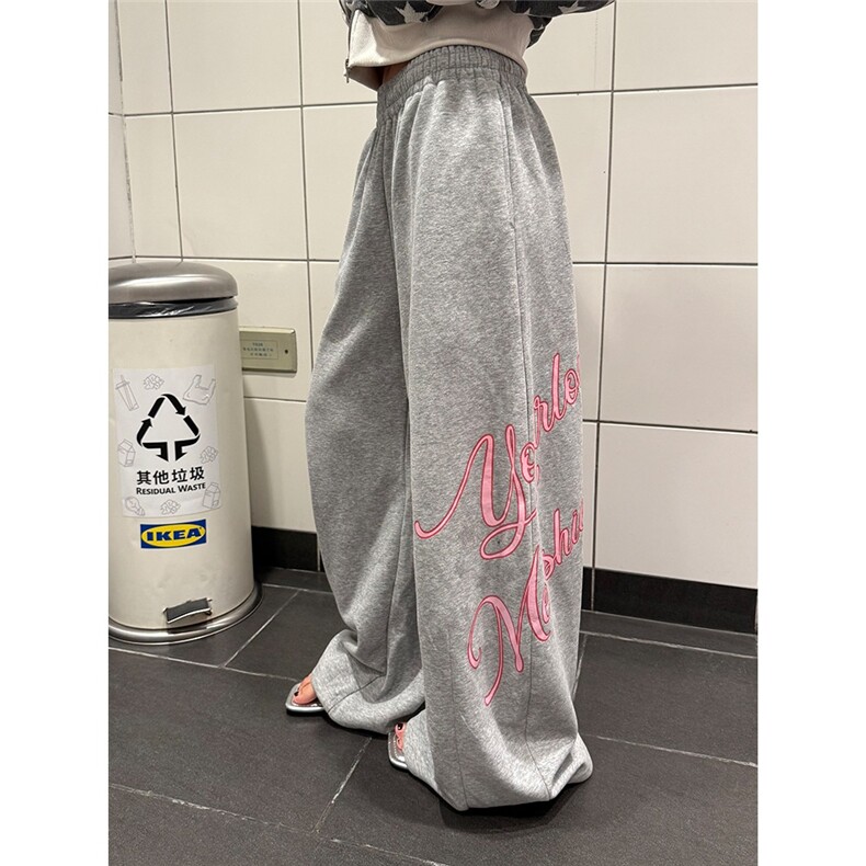 美式慵懒风侧边字母印花松紧腰休闲裤男女宽松垂感百搭长裤图片