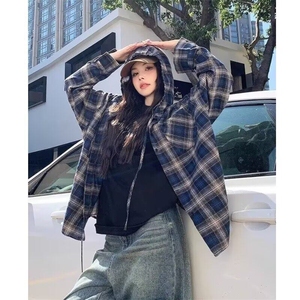 美式复古连帽蓝色格子衬衫男春夏2025薄款长袖设计感痞帅衬衣外套图片