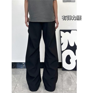 美式复古褶皱阔腿拖地裤夏季宽松微喇垂感休闲裤潮牌黑色西裤长裤图片
