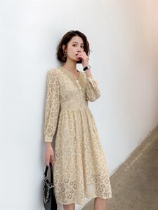 秋冬新款收腰甜美气质高雅淑女连衣裙,女装连衣裙,荷塘月色