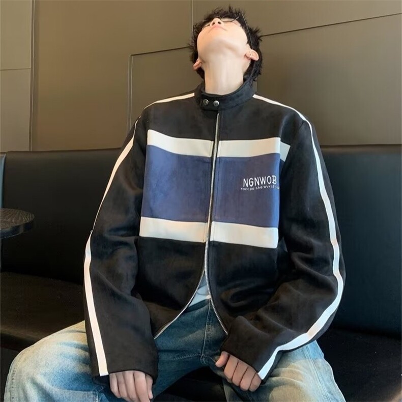 美式复古麂皮绒拼接外套男春秋小众情侣装飞行机车夹克W1877-p60,男装夹克,星座1008