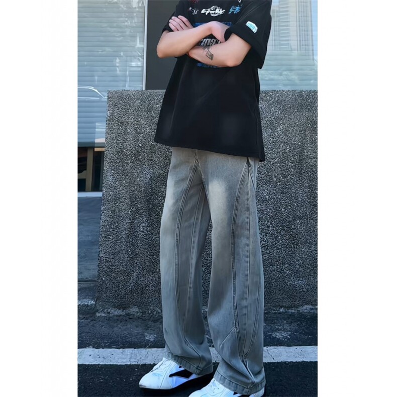 星座910-拼接弯刀-视频切片-抽绳直筒宽松牛仔裤复古做旧-G9101,男装牛仔裤,星座910