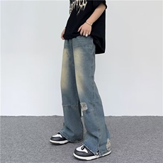 牛仔裤男款夏季美式高街vibe宽松直筒阔腿裤休闲长裤N029-P45，男装牛仔裤，星座308B-1