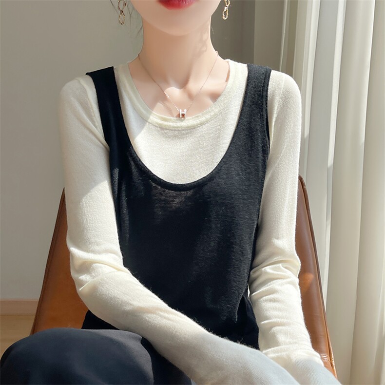 2025秋冬新款设计感假两件打底衫女条纹长袖针织T恤休闲圆领上衣，女装针织衫/毛衣，圣丽羊绒