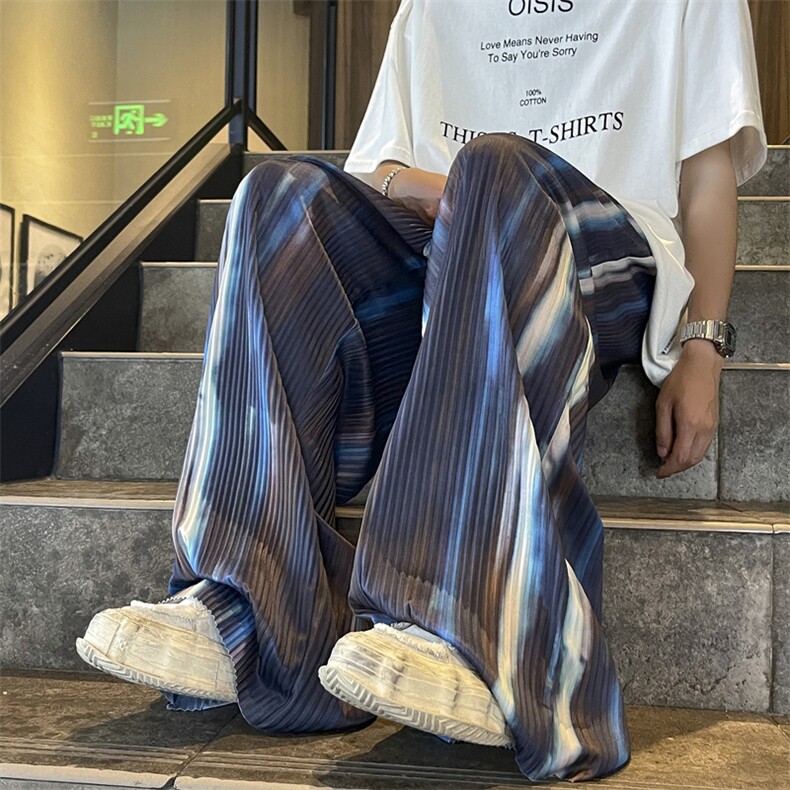 港风夏款男冰丝百褶皱条纹扎染宽松拖地直筒长裤h167 P40图片