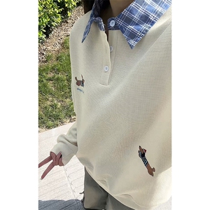 腊肠狗刺绣翻领长袖Polo衫男春秋卫衣慵懒风宽松大码男生长袖T恤图片
