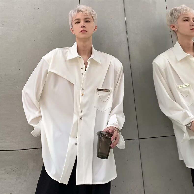 韩版小众极简设计感垫肩衬衫男女高级感痞帅纯色立领廓形长袖衬衣，男装衬衫，星座506A