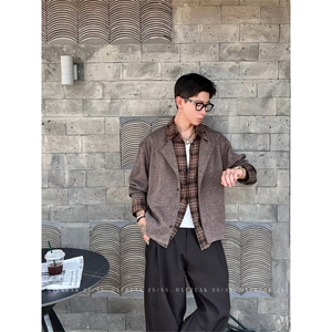 美式复古潮牌假两件拼接衬衫男春秋季高级感cleanfit针织开衫外套图片