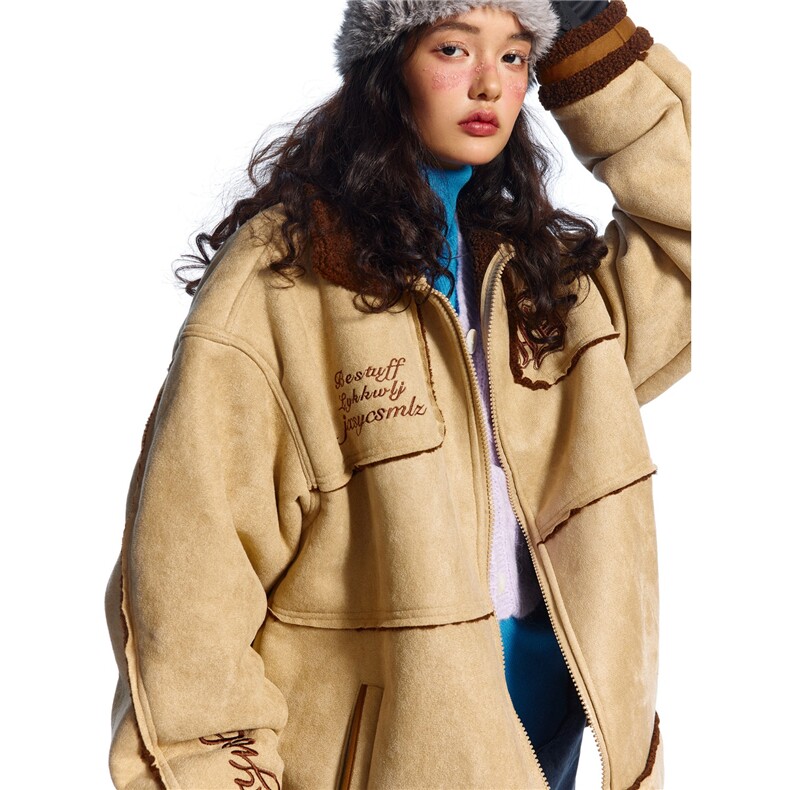 美式撞色刺绣麂皮绒棉服冬防寒保暖情侣羊羔毛棉衣外套TT8018P53,男装棉衣,星座1013-5
