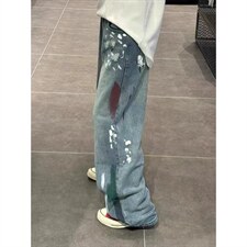 美式水洗做旧破洞街头涂鸦牛仔裤泼墨显瘦拖地直筒裤男LA6200-P45，男装牛仔裤，星座1008