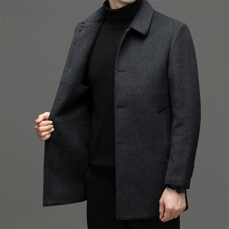 2023冬季新款翻领纯色中长款双面呢羊毛大衣中年加厚保暖男装外套，男装毛呢大衣，电商B212（原钱塘6029）