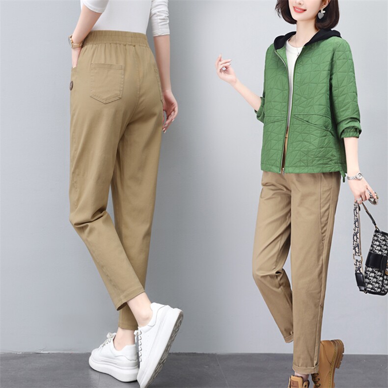 2025夏季新款卡其色休闲裤女时尚宽松显瘦百搭松紧腰裤子，女装休闲裤，璐依舞