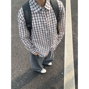 2026春夏款泡泡纱格子长袖衬衫高品质格子衬衫复古外套CS259-P45图片