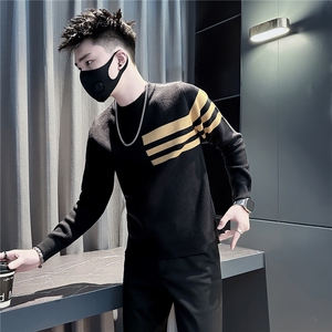 潮流三条杠撞色圆领毛衣男社会小伙店主风301C-M95-P68控98图片