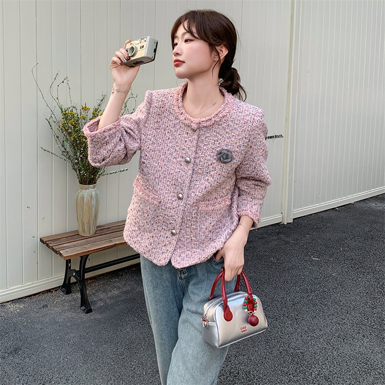 独特超好看粉紫色小香风外套女2025春秋新款高级感粗花呢夹克上衣,女装短外套,浙宝203