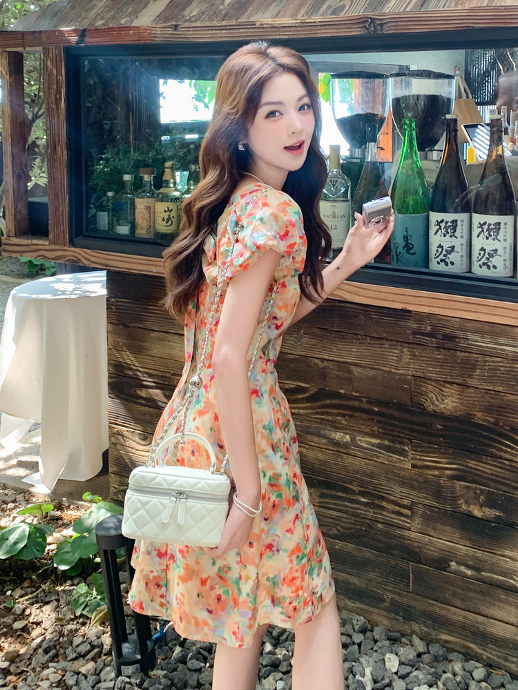 2025新款夏季法式多色印花裙女小个子气质高级感小清新泡泡袖裙子,女装连衣裙,千寻