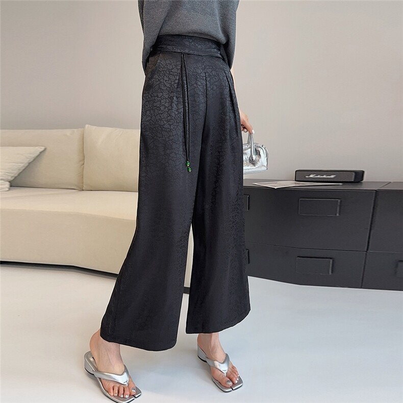 2025夏季女装新款时尚百搭舒适垂感收腰高腰黑色九分直筒阔腿裤子，女装休闲裤，缘衣格