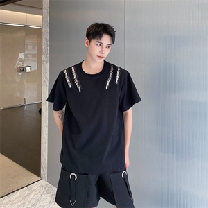 金属拉链垫肩短袖男美式复古男生小众设计感痞帅T恤A345-500-P80