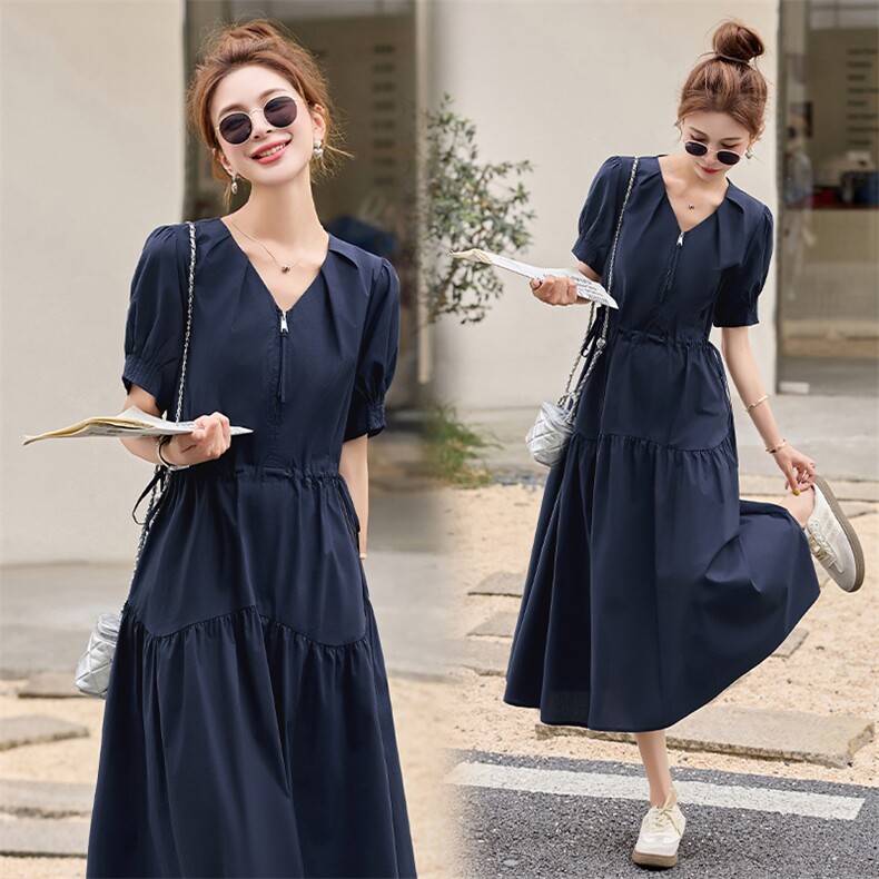 现货2025夏新款时尚百搭V领收腰显瘦连衣裙女中长款韩版休闲长裙，女装连衣裙，关键词