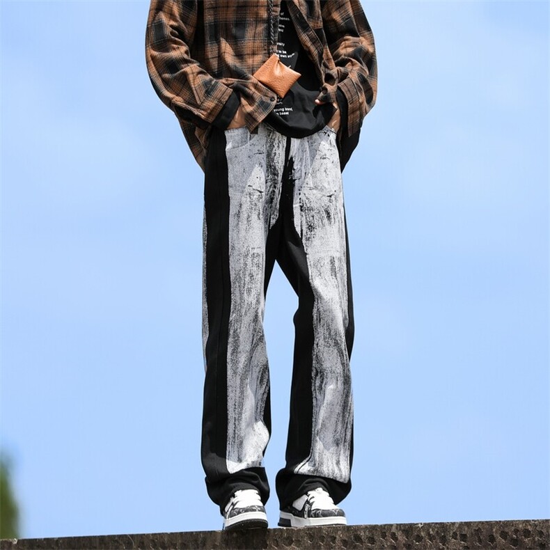 SJ-217-2-HK24872-特P45春秋季宽松直筒扎染牛仔裤男撞色休闲裤,男装牛仔裤,星座217-2