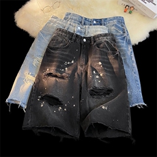 夏季无影墙男士宽松直通毛边破洞乞丐泼漆五分短裤男大码高街小众，男装牛仔裤，星座301D-4(原星座1004-4）