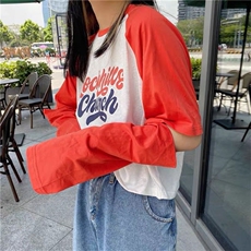2021女春夏新款上衣插肩镂空袖拼色全棉宽松韩版ins风短款长袖T恤，女装T恤，潮品会