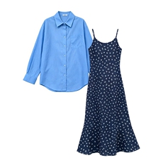 蓝色苎麻长袖衬衫度假风碎花吊带连衣裙两件套女夏慵懒风时尚套装，女装套装/套裙，意芙