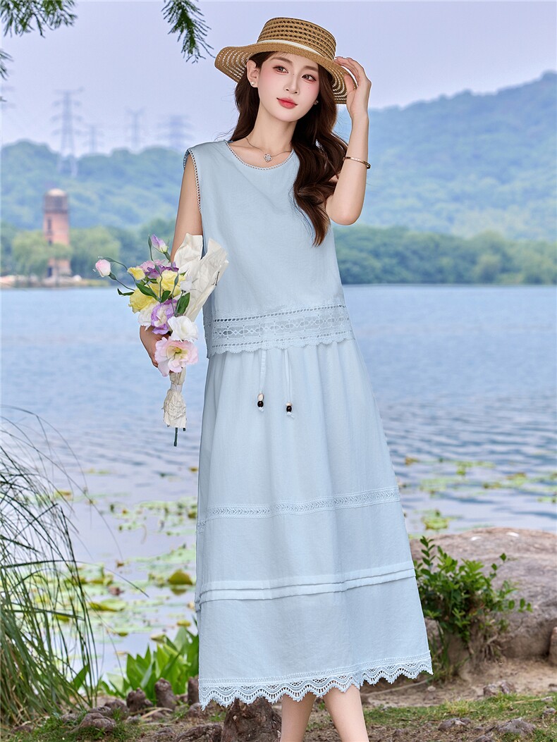 现货主推夏装新款重工刺绣花边拼接镂空休闲马甲半裙套裙两件套,女装套装/套裙,韩美纤衣