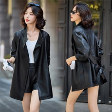 英伦风系带中长款皮衣外套女2025秋冬新款宽松显瘦百搭气质皮风衣，女装皮衣，魅衣本色