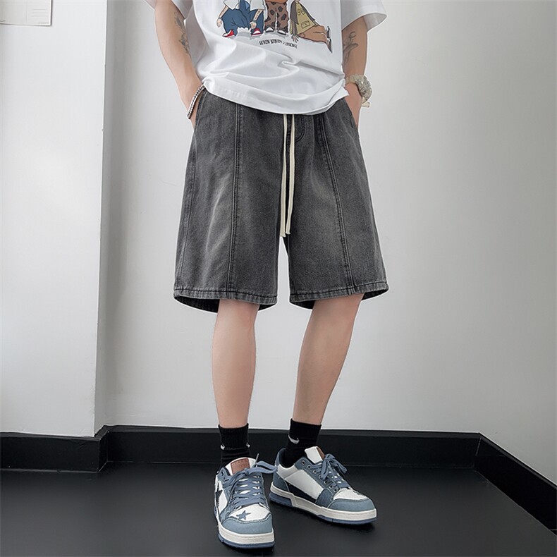 牛仔短裤男直筒裤黑底板景宽松美式复古休闲抽绳牛仔裤D351-P40,男装牛仔裤,星座717