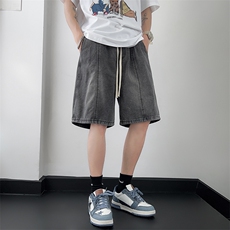 牛仔短裤男直筒裤黑底板景宽松美式复古休闲抽绳牛仔裤D351-P40，男装牛仔裤，星座717