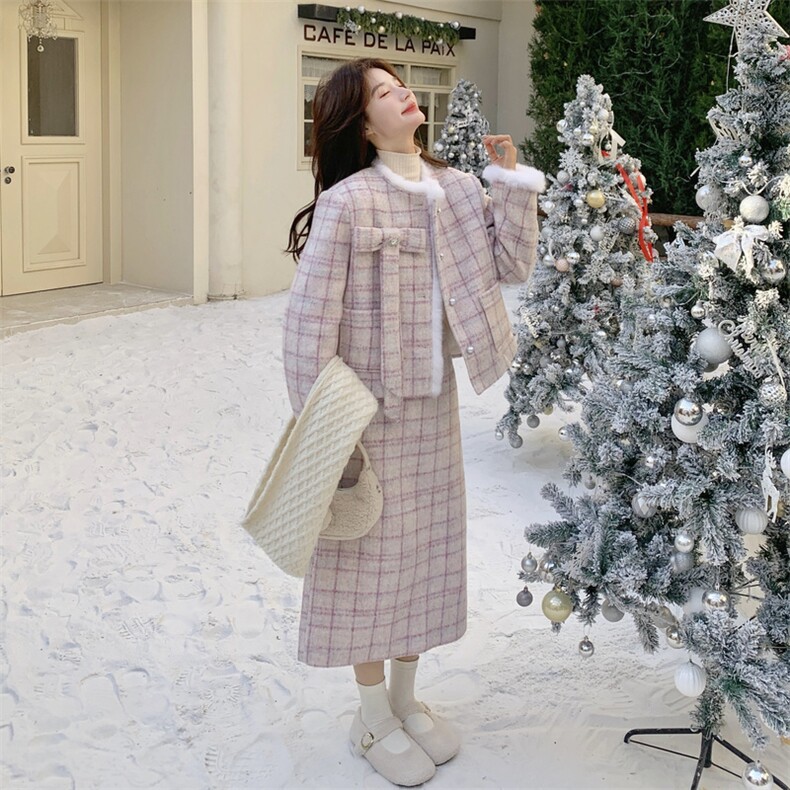 【】时尚潮流粉色格子蝴蝶结羽绒套装K06-P285-K428,女装套装/套裙,2C305