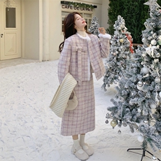 【】时尚潮流粉色格子蝴蝶结羽绒套装K06-P285-K428，女装套装/套裙，2C305