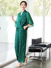 高端妈妈缎面套装女2025春夏新款新中式醋酸盘扣大码阔腿裤两件套，女装套装/套裙，时尚风爆