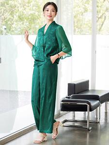 高端妈妈缎面套装女2025春夏新款新中式醋酸盘扣大码阔腿裤两件套图片