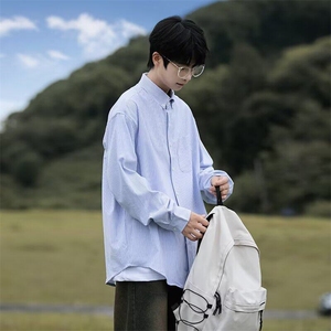 日系复古条纹衬衫男春季潮牌学院风长袖衬衣cityboy翻领工装外套图片