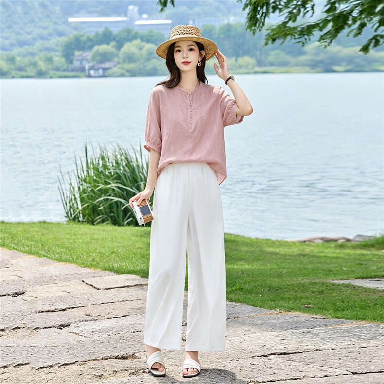现货！苎麻上衣女高端苎麻套装2026新款夏季时尚绣花透气凉爽裤,女装套装/套裙,衣之秀