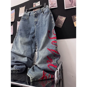 美式复古字母高街刺绣牛仔裤男女宽松直筒垂感阔腿拖地长裤潮图片