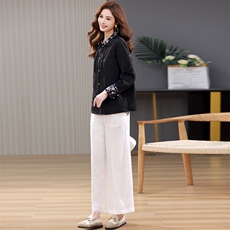 100%桑蚕丝真丝新中式刺绣上衣女装秋新款国风提花绸衬衫立领唐装，女装套装/套裙，江忆布依