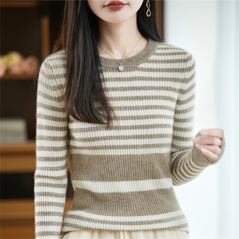 复古拼色条纹100%纯羊毛衫女2025新款洋气减龄修身保暖打底毛衣,女装羊毛衫,迅太羊绒