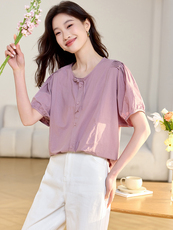 新中式盘扣短袖纯棉衬衣女2025夏季新款休闲宽松显瘦圆领衬衫上衣，女装衬衫，文熹诺