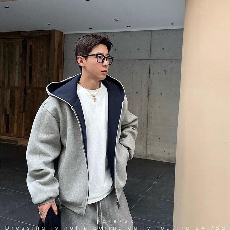 美式重磅双拉链连帽卫衣外套男秋冬痞帅休闲外套加厚撞色情侣开衫，女装短外套，星座1210-1