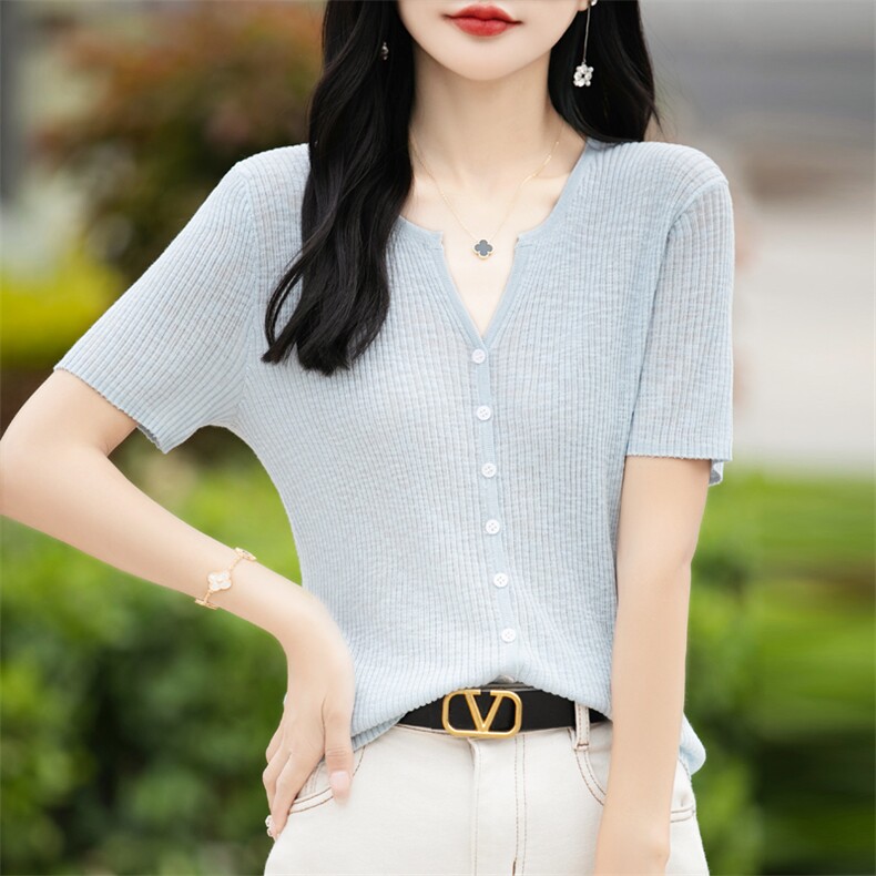 竹节麻针织V领短袖女T恤夏季裙子外搭上衣披肩薄款坑条显瘦外套潮,针织衫/毛衣,东远绒业