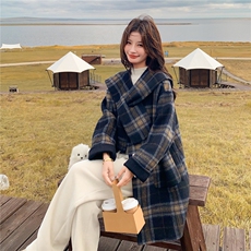 独特超好看韩系格纹双面呢大衣女秋冬2025新款加厚保暖羊毛呢外套，女装毛呢外套，2C325