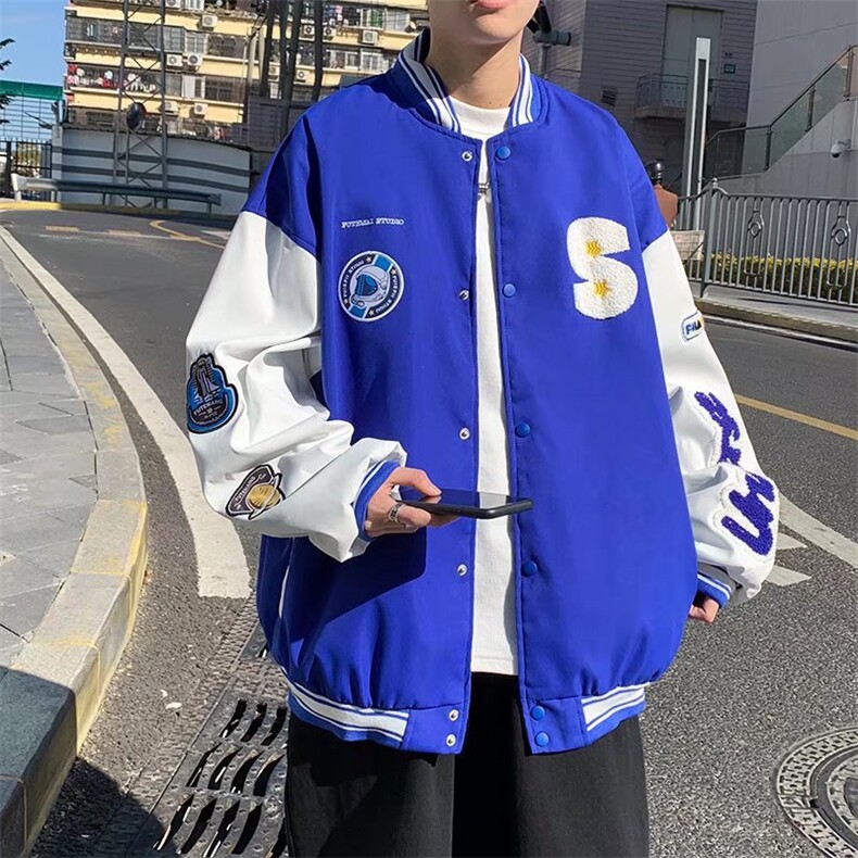 新款百搭毛呢拼皮毛巾绣长袖棒球领宽松单排扣夹克男W2771-P62,男装夹克,星座512-2