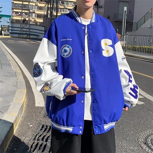 新款百搭毛呢拼皮毛巾绣长袖棒球领宽松单排扣夹克男 W2771-P62图片